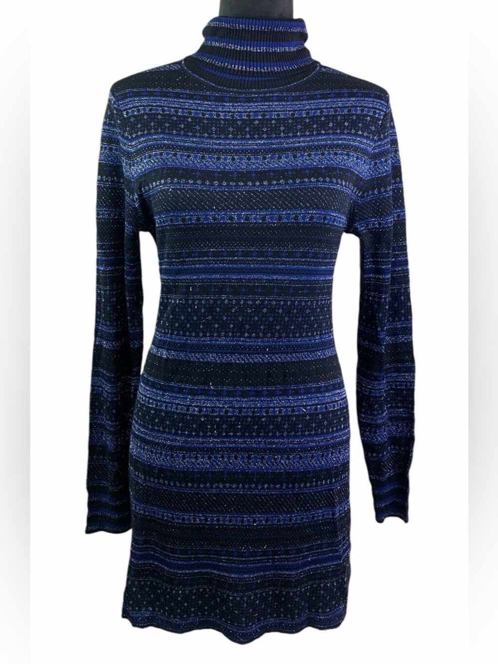 White House Black Market Black & Blue metallic Patterned Turtleneck dress- med.
